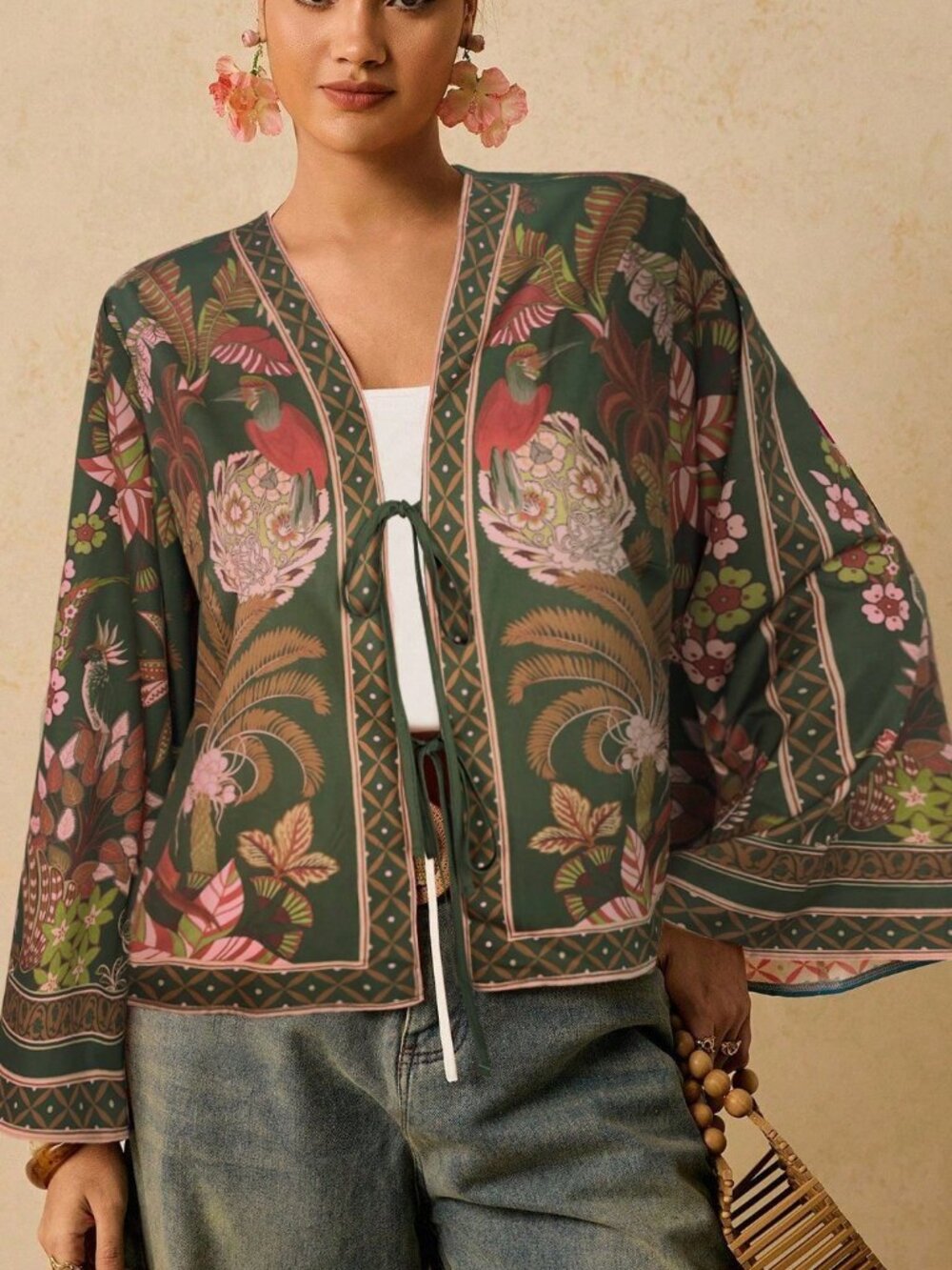 Dark Green Boho Women's Plus Size Vacation Plant Print Front Tie Shirt - Picture 5 of 6